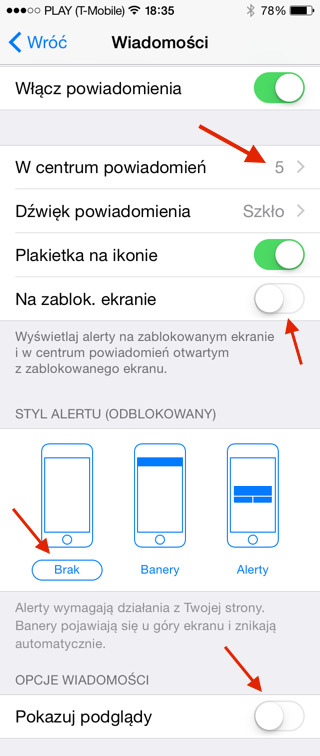 Przykładowe dość „dyskretne” ustawienia dla iMessages w iOS 8