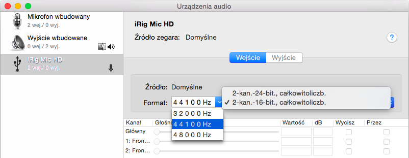 Ustawienia iRig Mic HD w OS X